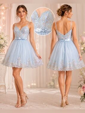 Alfred Angelo Size 10 Blue Floral Sequin Tulle Party Prom Dress NWT